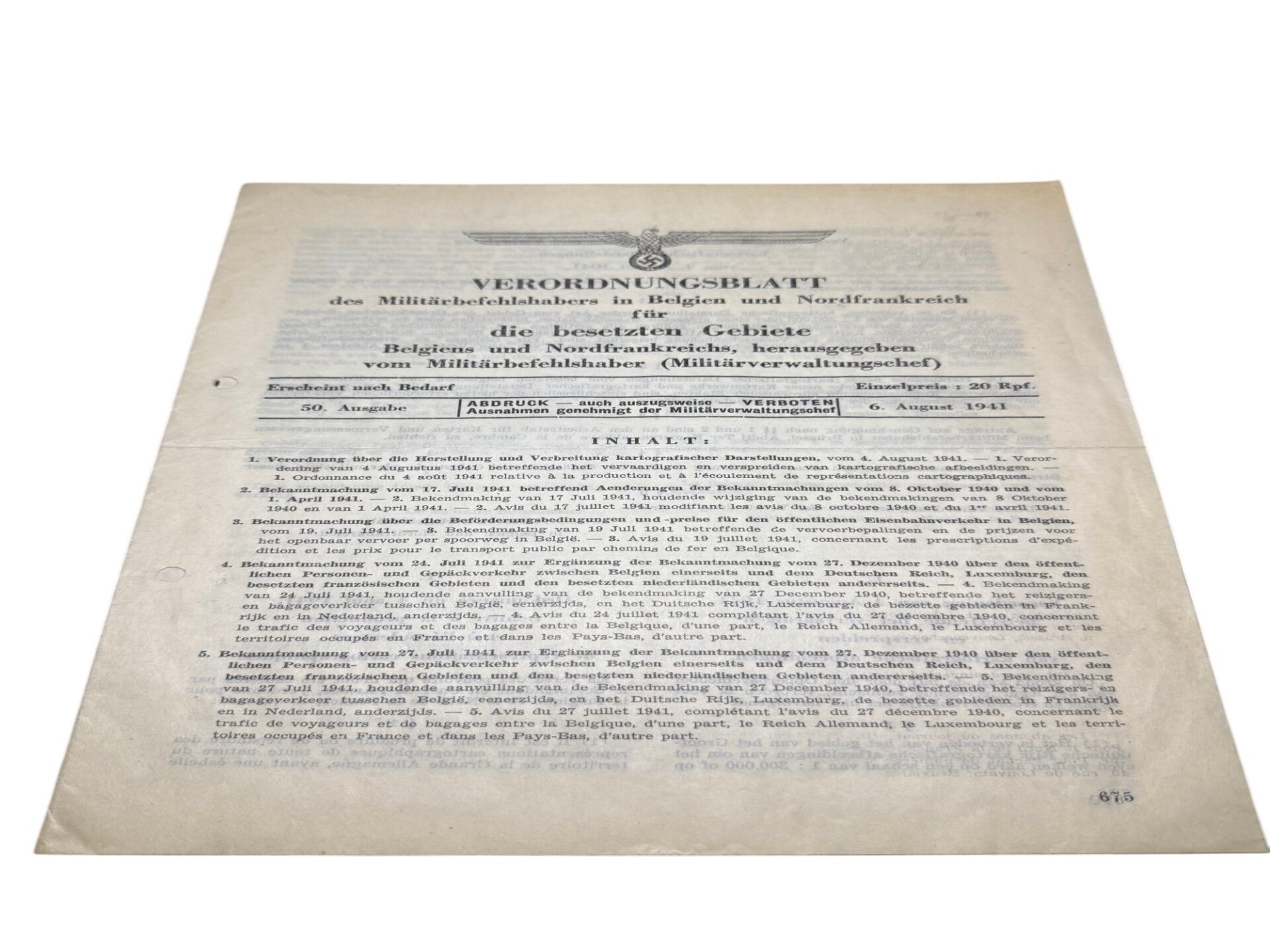 Origineel WO2 Verordeningenblad België & Noord-Frankrijk – 6 aug 1941