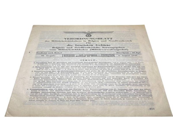 Origineel WO2 Verordeningenblad België & Noord-Frankrijk – 6 aug 1941
