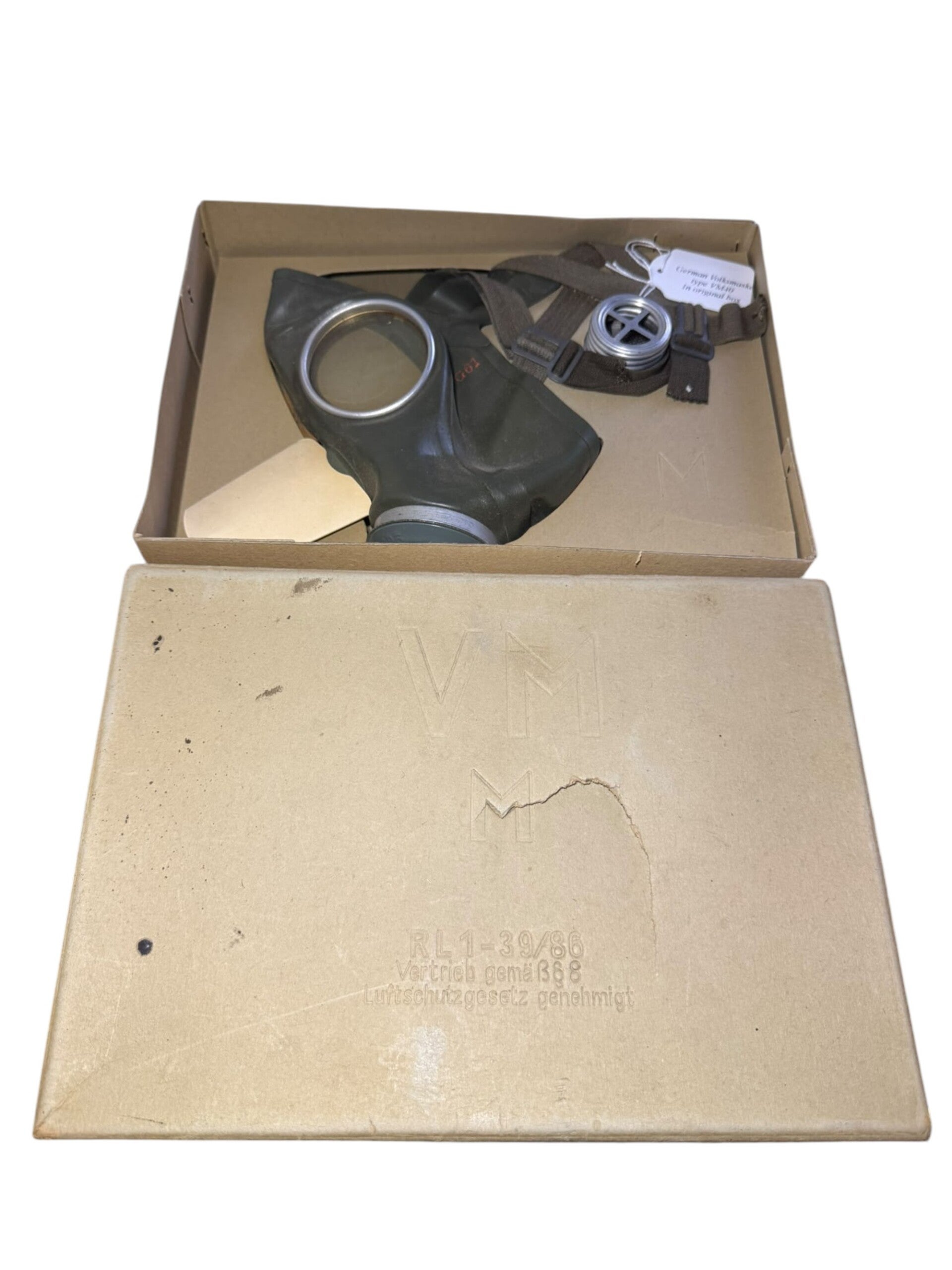 Originele WO2 Duitse Volksgasmaske VM-40 in doos (Auer, RL1-39/86)