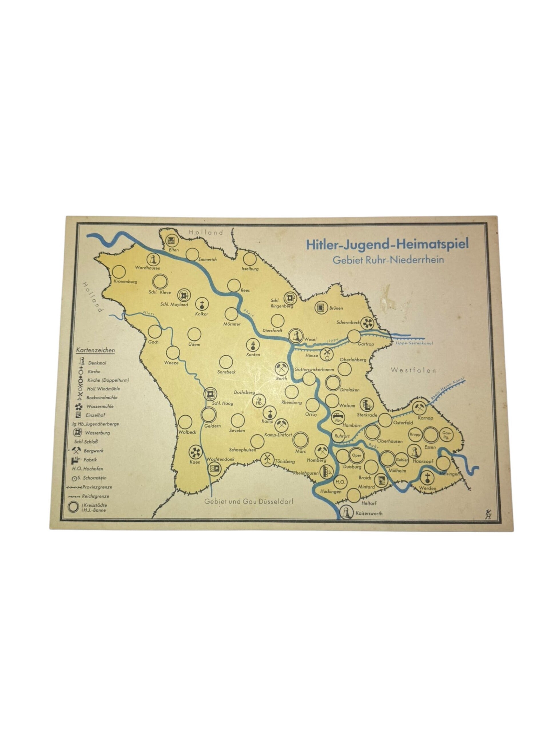 Zeldzaam WOII Hitler-Jugend-Heimatspiel Bordspel / Kaart – Gebiet Ruhr-Niederrhein (ca. 1936)