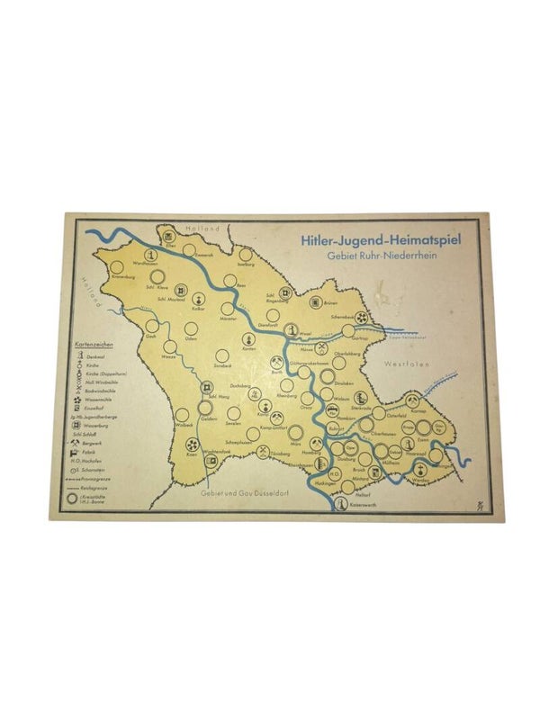 Zeldzaam WOII Hitler-Jugend-Heimatspiel Bordspel / Kaart – Gebiet Ruhr-Niederrhein (ca. 1936)