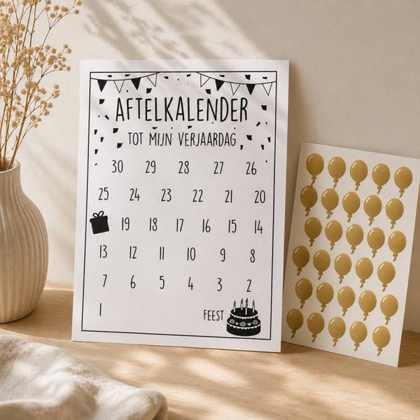 Aftelkalender Verjaardag met Stickervel goud🎈🎁 🥰 | LIEFST.COM
