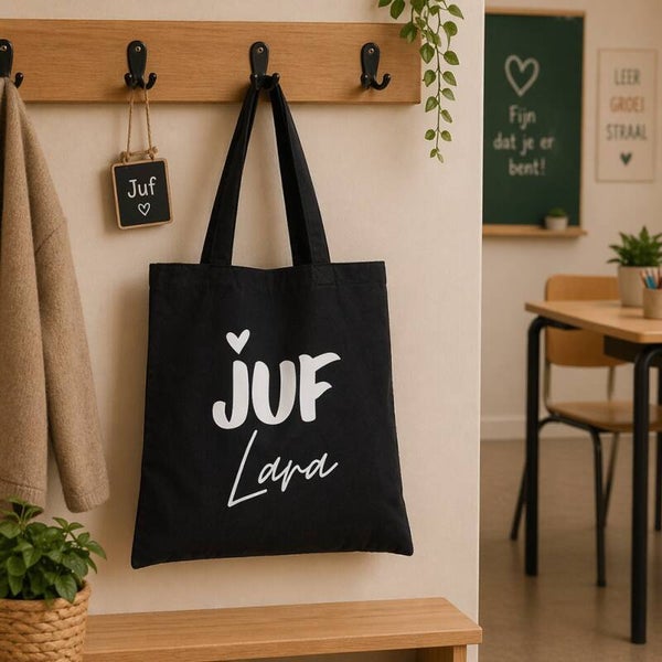 Katoenen tas - juf met naam 1 LIEFST.COM