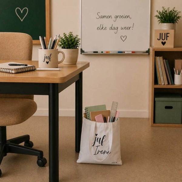 Katoenen tas - juf met naam 2 LIEFST.COM