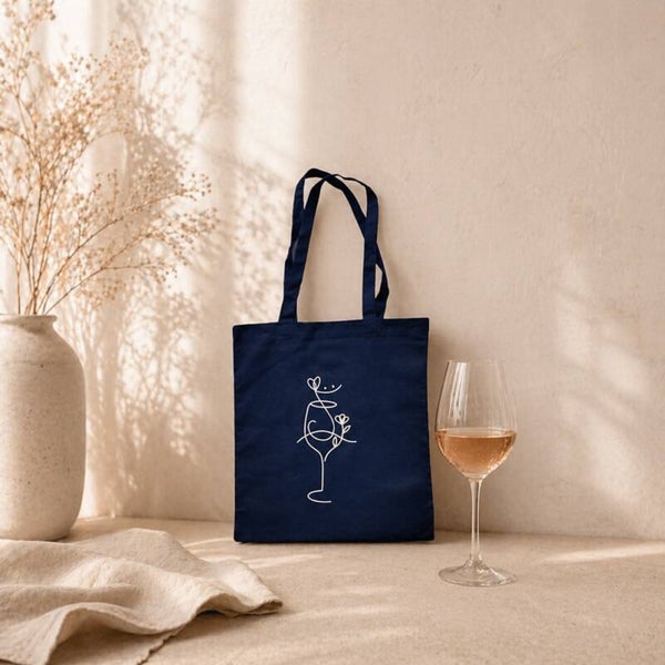 Katoenen tas - wijnglas met hart en bloem LIEFST.COM