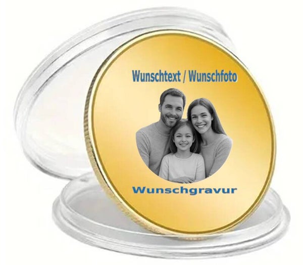 Goldfarbene Münze mit Wunschgravur