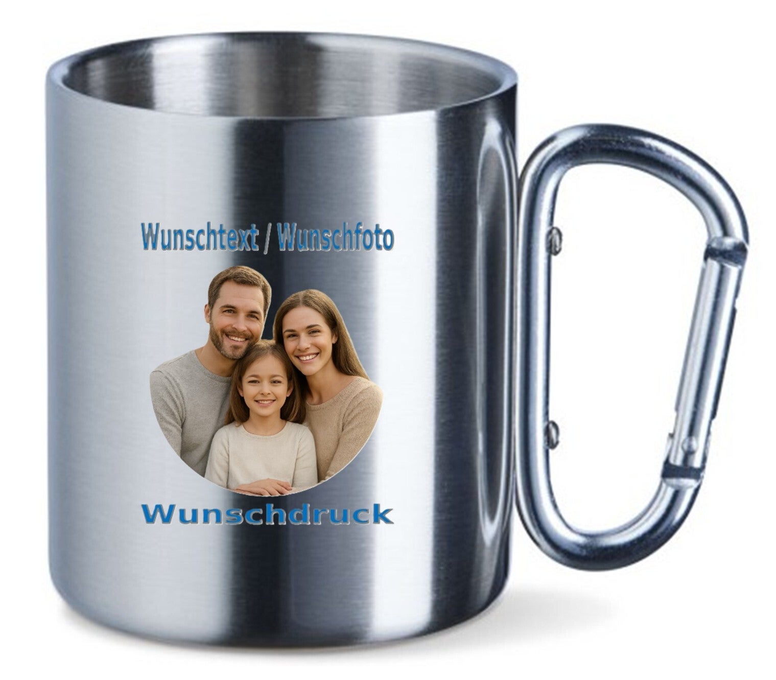 Edelstahltasse mit Karabiner und Wunschdruck