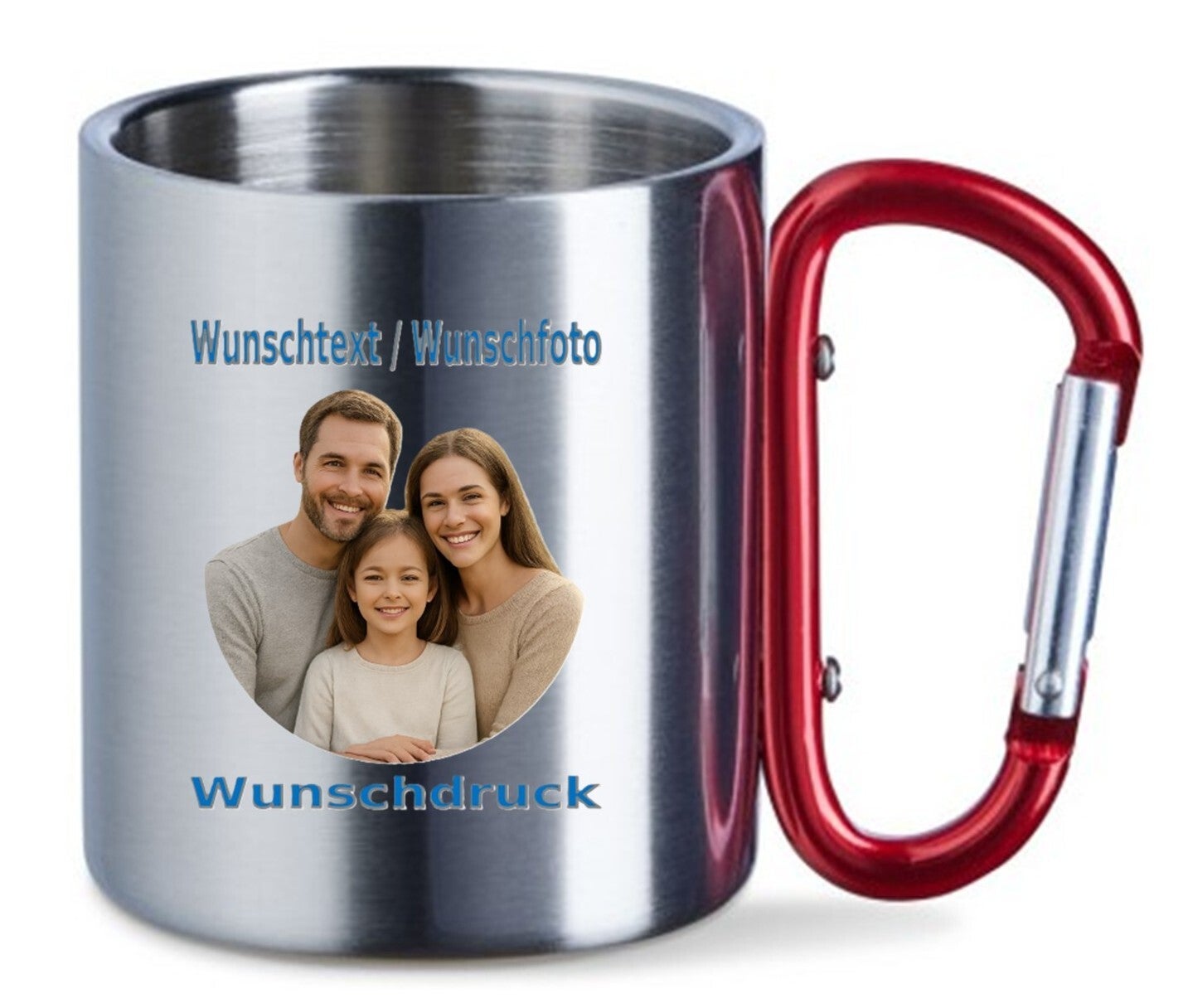Edelstahltasse mit Karabiner ROT und Wunschdruck