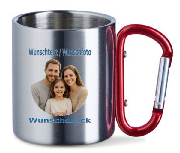 Edelstahltasse mit Karabiner ROT und Wunschdruck