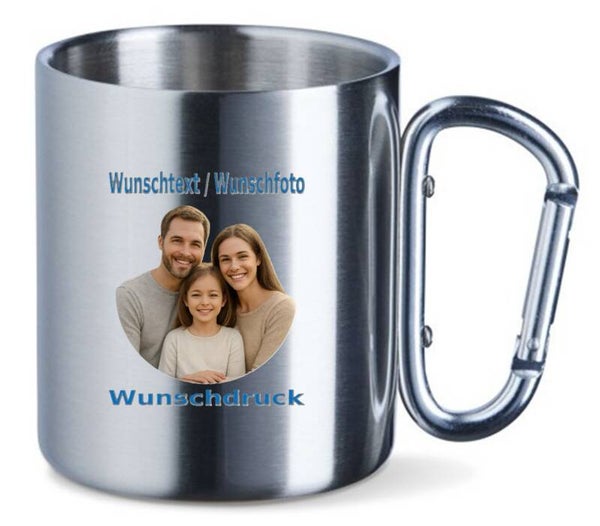 Edelstahltasse mit Karabiner und Wunschdruck
