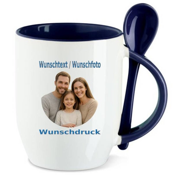 Tasse Inkl Löffel mit Wunschdruck Blau / Weiß TNW