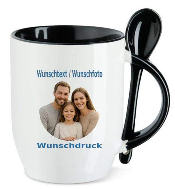 Tasse Inkl Löffel mit Wunschdruck Schwarz / Weiß TNW