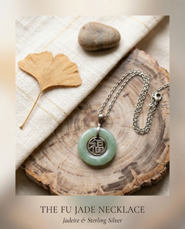 Vintage 1990s 925 Burma Jadeite Good Luck FU Necklace