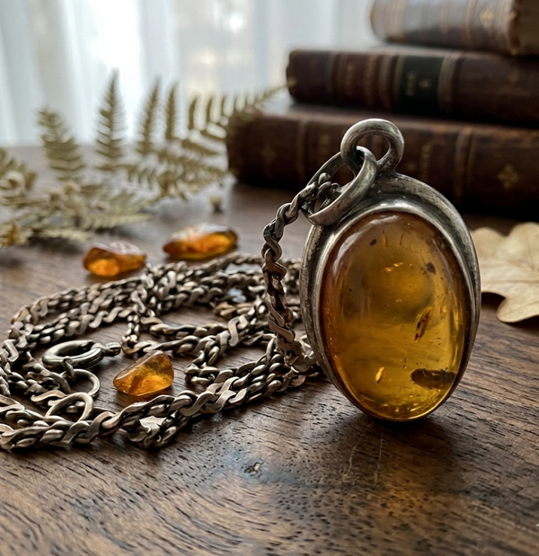 1990s 925 Natural Baltic Amber Oval Necklace With Encased Seed Pod
