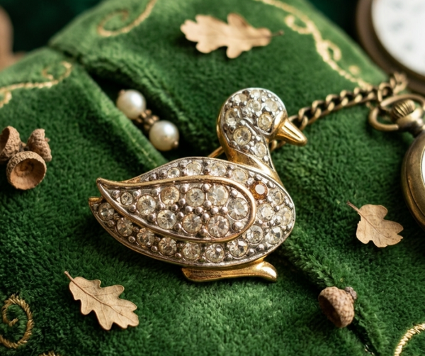 Vintage 1990s Pave Rhinestone Duck Brooch