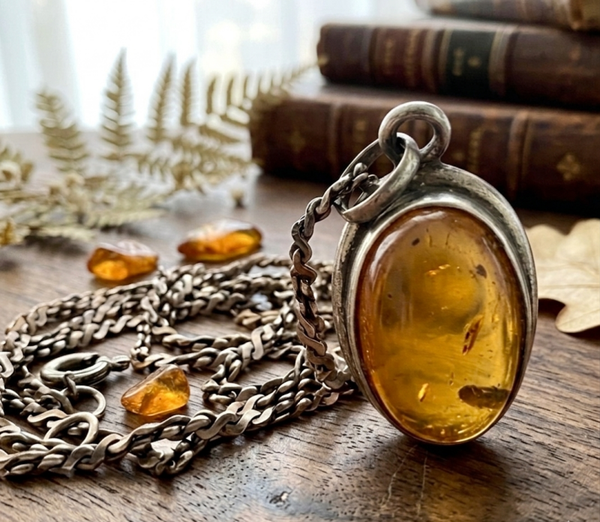 Vintage 1990s Natural Baltic Amber Necklace Encased With Seed pod
