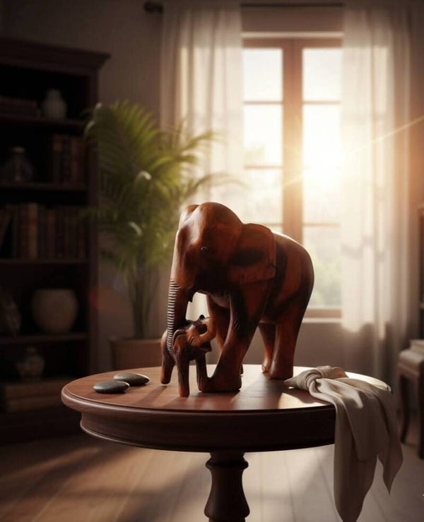 1990s Hand-Carved Elephant & Calf