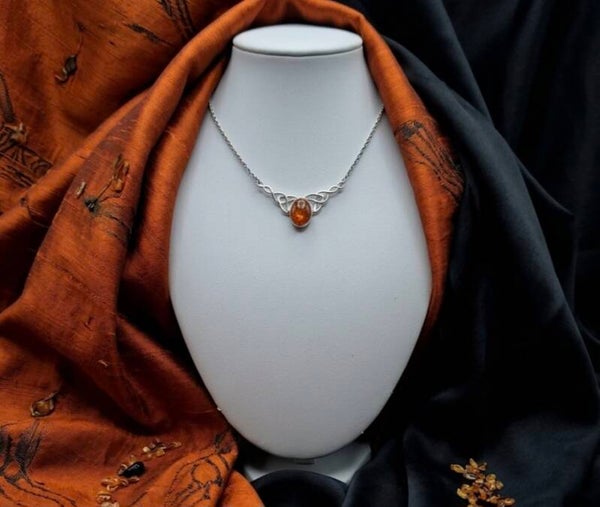 1990s Celtic Amber Necklace With Sun Spangles & Botanical Inclusions