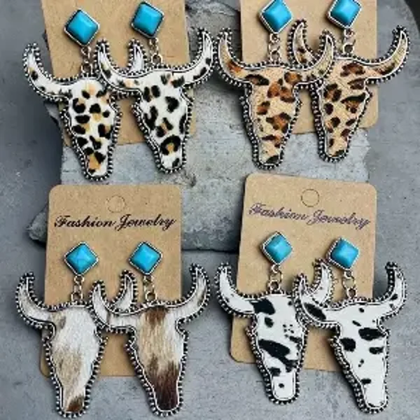 Vintage Ethnic Style Bohemian Genuine Leather Horsehair Cow Head Turquoise Western Earrings