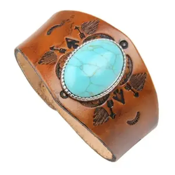 Wide Leather Bracelet Embossed Snap Button Turquoise Couple Bracelet