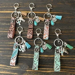 Western Cowboy Retro Genuine Leather Keychain Turquoise Cowhide Pendant