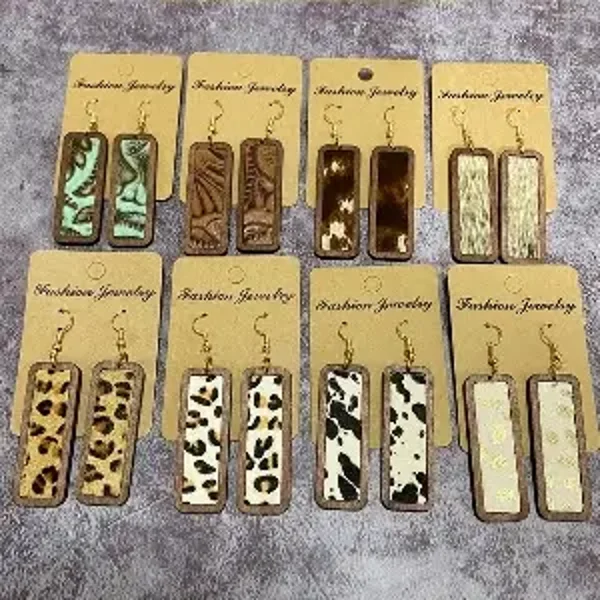Western Leopard Print Simple Bar Genuine Leather Earrings Vintage Geometric Texture Inlaid Drop Earrings Jewelry