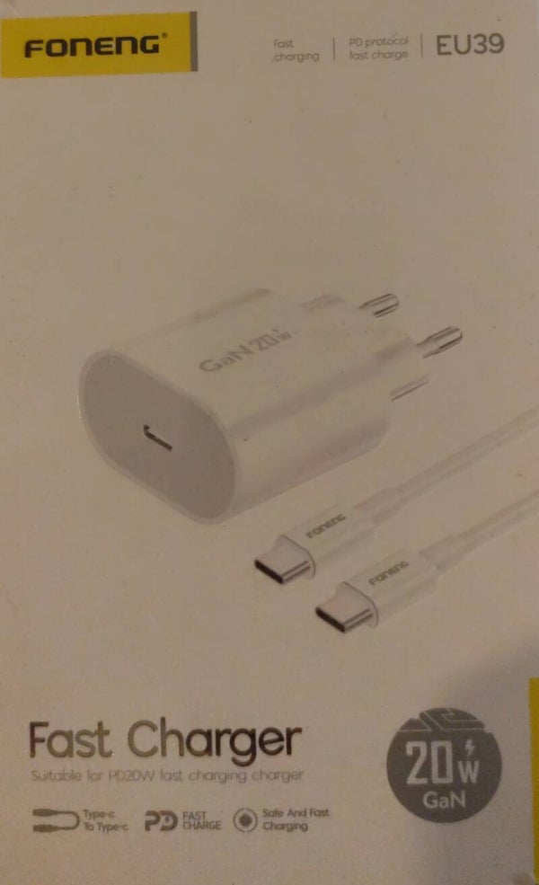 Chargeur USB-C GAN 20W + Câble USB-C / USB-C Foneng