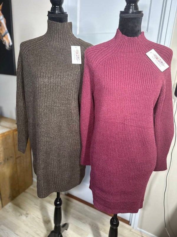 Gebreide Jurk met Col - Bruin & Bordeaux