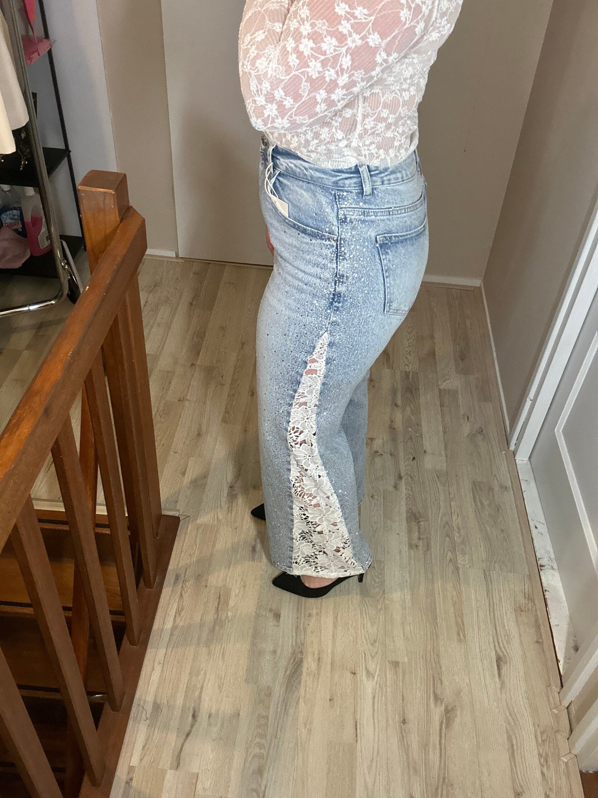 Denim Wide Leg Jeans met Kant & Sparkle – Lichtblauw