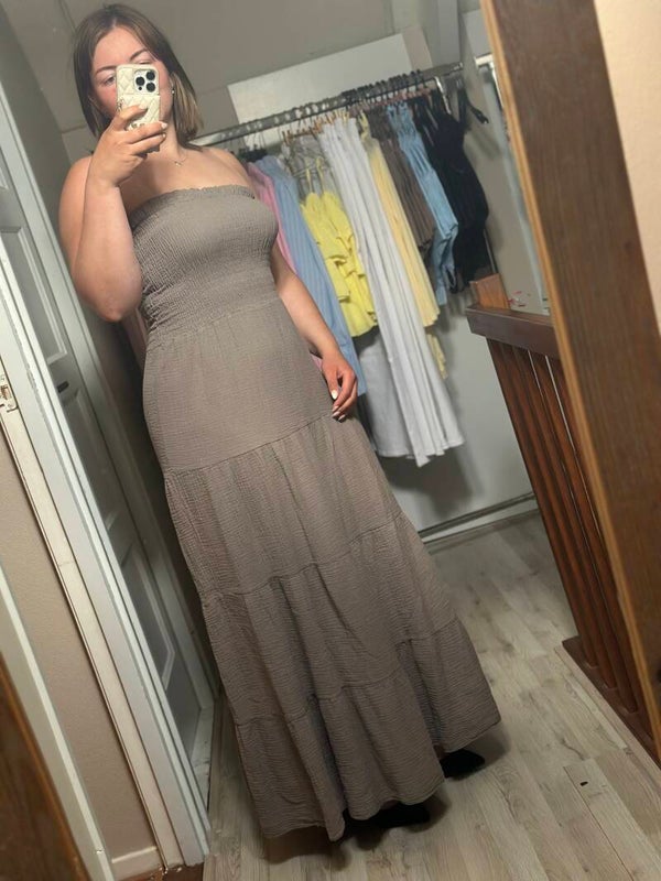 Taupe strapless maxi jurk – 100% katoen