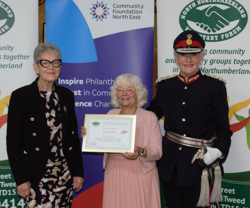 •	Life Time Achievement Award Runner-up - Brenda Frier with Margaret Shaw (2025 recipient) and the Lord-Lieutenant Dr Caroline Pryer