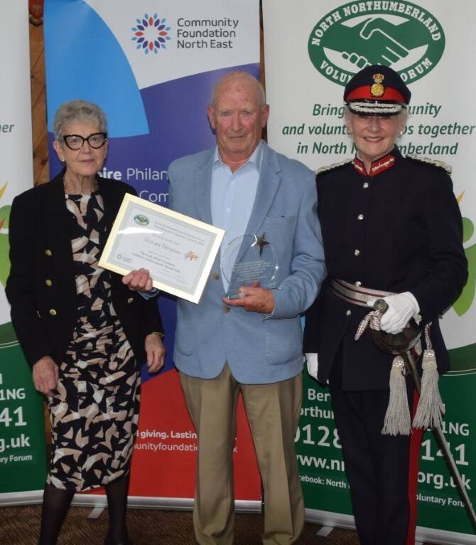 •	Life Time Achievement Award Winner - Richard "Dick" Patterson with Margaret Shaw (2025 recipient) and the Lord-Lieutenant Dr Caroline Pryer