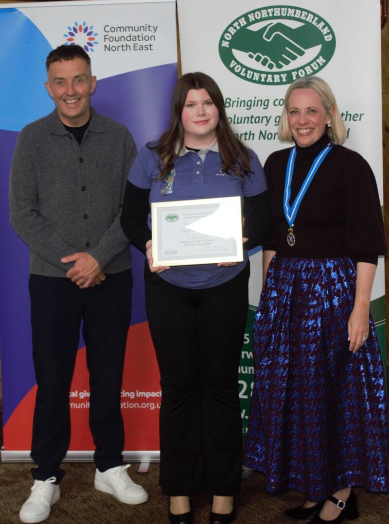•	Young Person Volunteer of the Year Runner-up - Lucy-Ann Taylor with Craig Rowan from Berwick Rangers Juniors and The High Sheriff of Northumberland Dr Anna Charlton