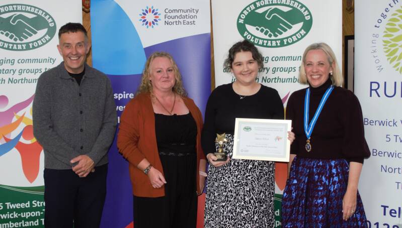 •	Young Person Volunteer of the Year Winner - Grace Wilce with Craig Rowan from Berwick Rangers Juniors, Grace's Mum and The High Sheriff of Northumberland Dr Anna Charlton