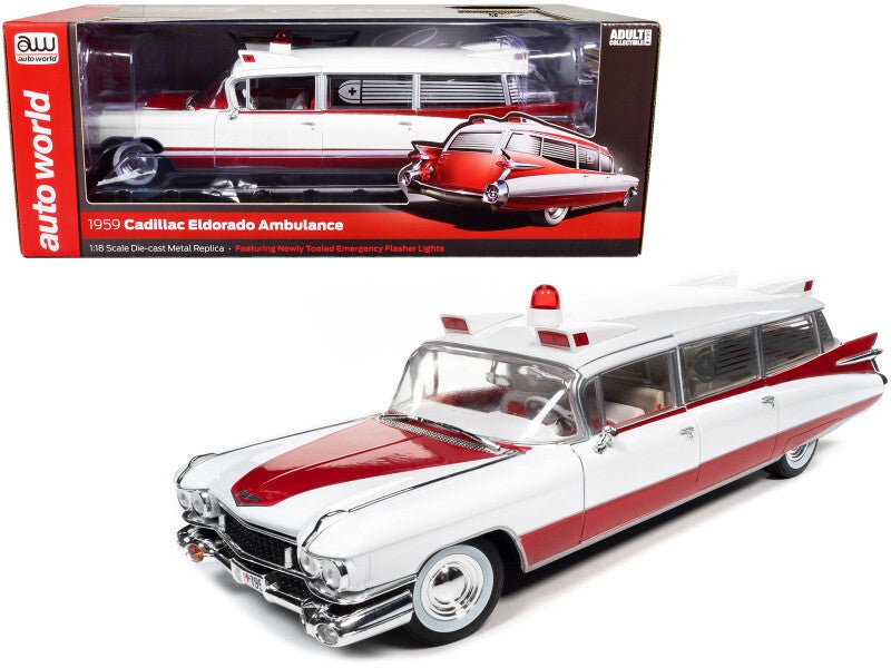 1959 Cadillac Eldorado Ambulance Die cast Model 1:18 Scale - Red & White Limited Edition by Auto World AW302