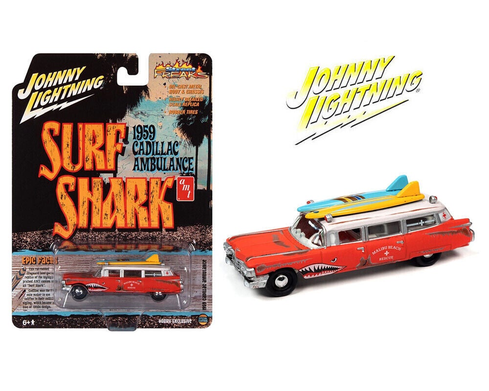 1959 Cadillac Ambulance Surf Shark Red 1:64 Die cast Model by Johnny Lightning JLSP256