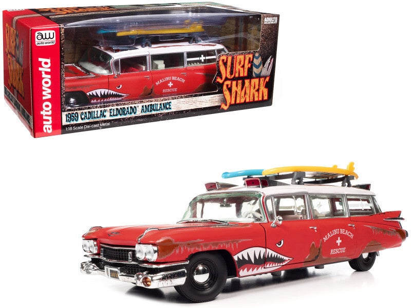 1959 Cadillac Eldorado Ambulance Red "SURF SHARK" 1/18 Scale Diecast Model Car By Autoworld AW312