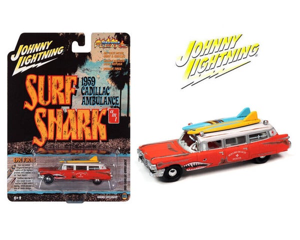 1959 Cadillac Ambulance Surf Shark Red 1:64 Die cast Model by Johnny Lightning JLSP256
