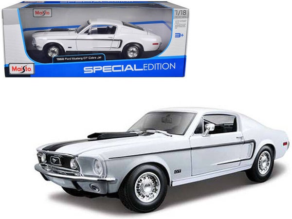 1968 Ford Mustang Cobra Jet CJ White 1:18 Scale Die cast Model Car by Maisto - Vintage Collectible 31167