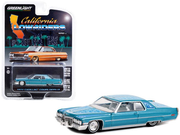 1972 Cadillac Coupe DeVille Lowrider Light Blue 1/64 Die cast Model Car by Greenlight 63030E