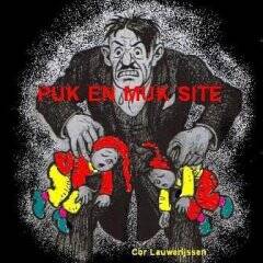 Puk en Muk worden vastgehouden door Schobbejak, met een dreigende uitstraling in een sombere setting. Tekening werd gemaakt door Leo van Grinsven.