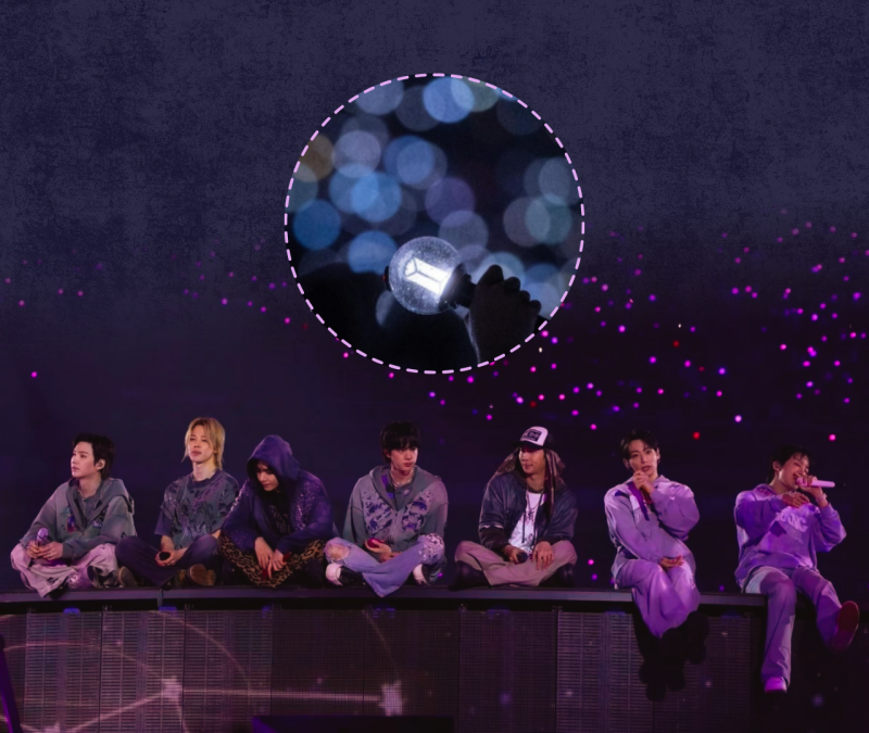 Composición de BTS en concierto. Abajo, los siete miembros descansan sentados sobre una tarima con ropa informal morada y gris. Arriba, un círculo resalta un Army Bomb encendido, el lightstick oficial. El fondo