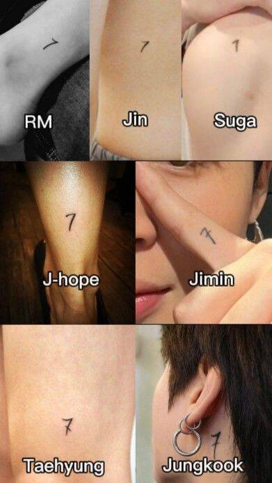 Collage de los lugares corporales en los que los integrantes de BTS tienen el tatuaje de la amistad, el número 7