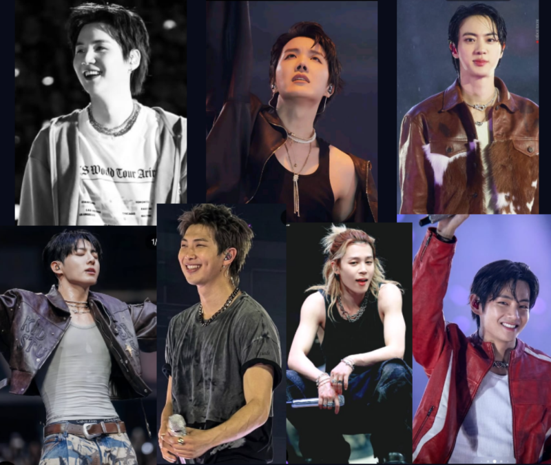 Collage de siete retratos individuales de los integrantes de BTS. Se alternan momentos de risas espontáneas, como las de Suga y J-Hope, con expresiones de entrega total durante el canto, como Jungkook y Jin. V sonríe cálidamente a la cámara. Visten chaque