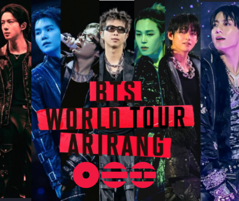 Cartel promocional dividido en siete franjas verticales, cada una con un miembro de BTS usando moda urbana de lujo: cadenas de metal y cuero negro. Al centro, un bloque rojo destaca el texto "BTS WORLD TOUR ARIRANG" en letras negras. Abajo, tres círculos 