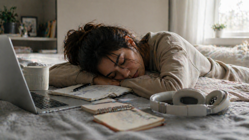 Mujer recostada con los ojos cerrados sobre una superficie, rodeada de una laptop, audífonos y una libreta. La escena transmite cansancio emocional en un ambiente tranquilo con luz natural. Imagen generada con IA
