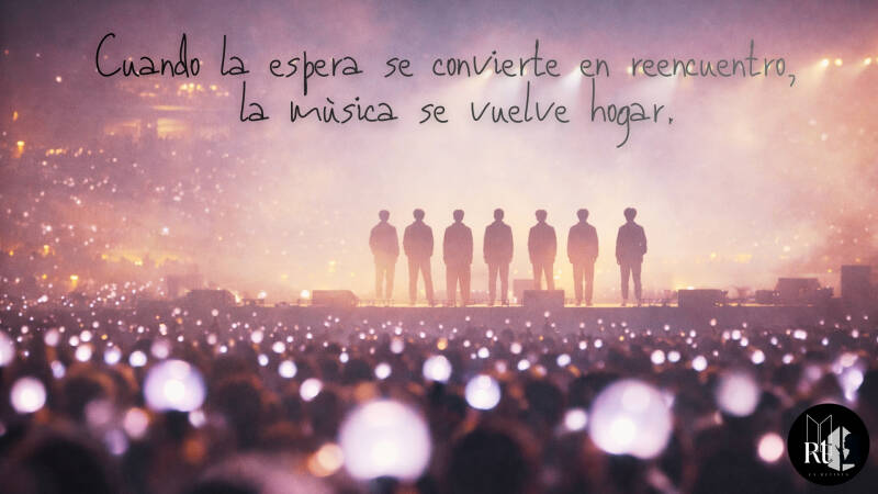 IA. Concierto de BTS visto desde el público, con siete siluetas sobre el escenario y miles de luces ARMY iluminando el recinto, simbolizando el reencuentro emocional con ARMY latinoamericana.