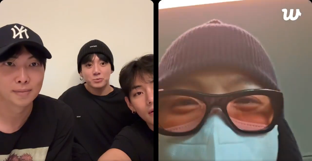 RM, Jungkook y Taehyung durante un LIVE a través de Weverse. Ellos se encontraban en EE.UU. y se conectan con J-Hope que estaba en ese momento en el aeropuerto internacional de Incheon en Corea del Sur.