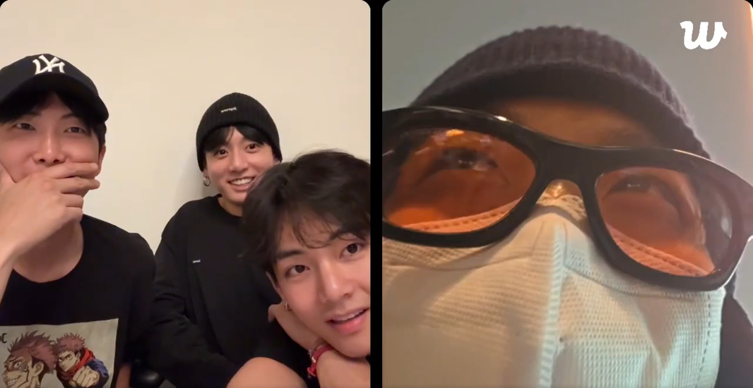 RM, Jungkook y Taehyung durante un LIVE a través de Weverse. Ellos se encontraban en EE.UU. y se conectan con J-Hope que estaba en ese momento en el aeropuerto internacional de Incheon en Corea del Sur.