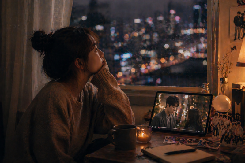 Mujer observa un drama en una pantalla mientras mira pensativa la ciudad nocturna, en un ambiente cálido e íntimo que transmite reflexión y compañía emocional. Imagen creada con IA